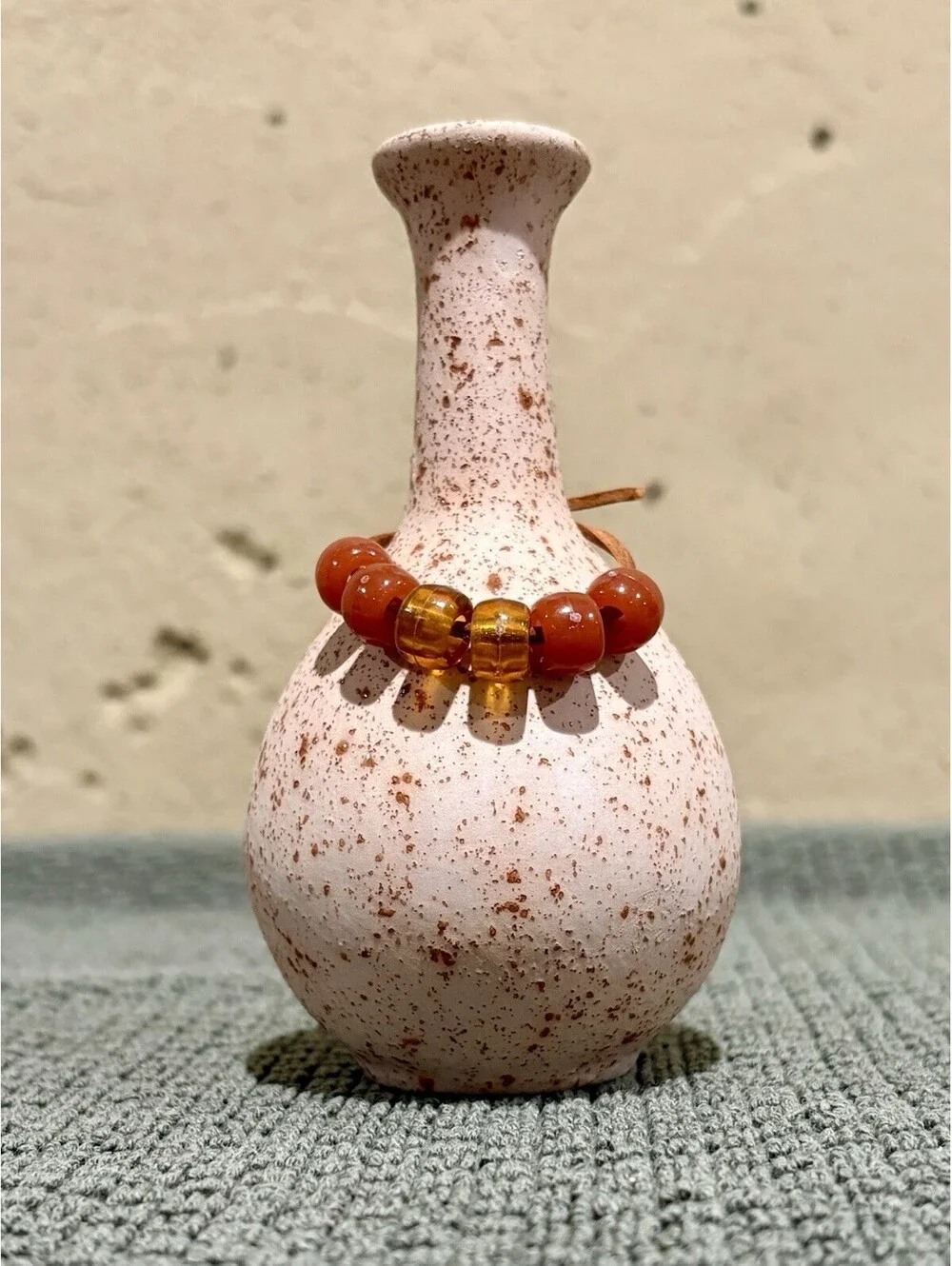 Vintage Speckled Ceramic Bud Vase with Beaded Leather Ring Accent – 7.5” x 4”